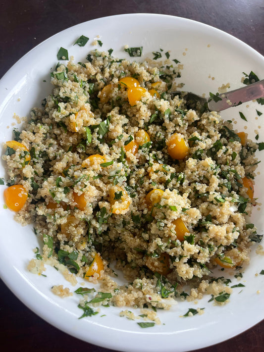 Lambs Quarters Quinoa Bowl with Lemon Dressing